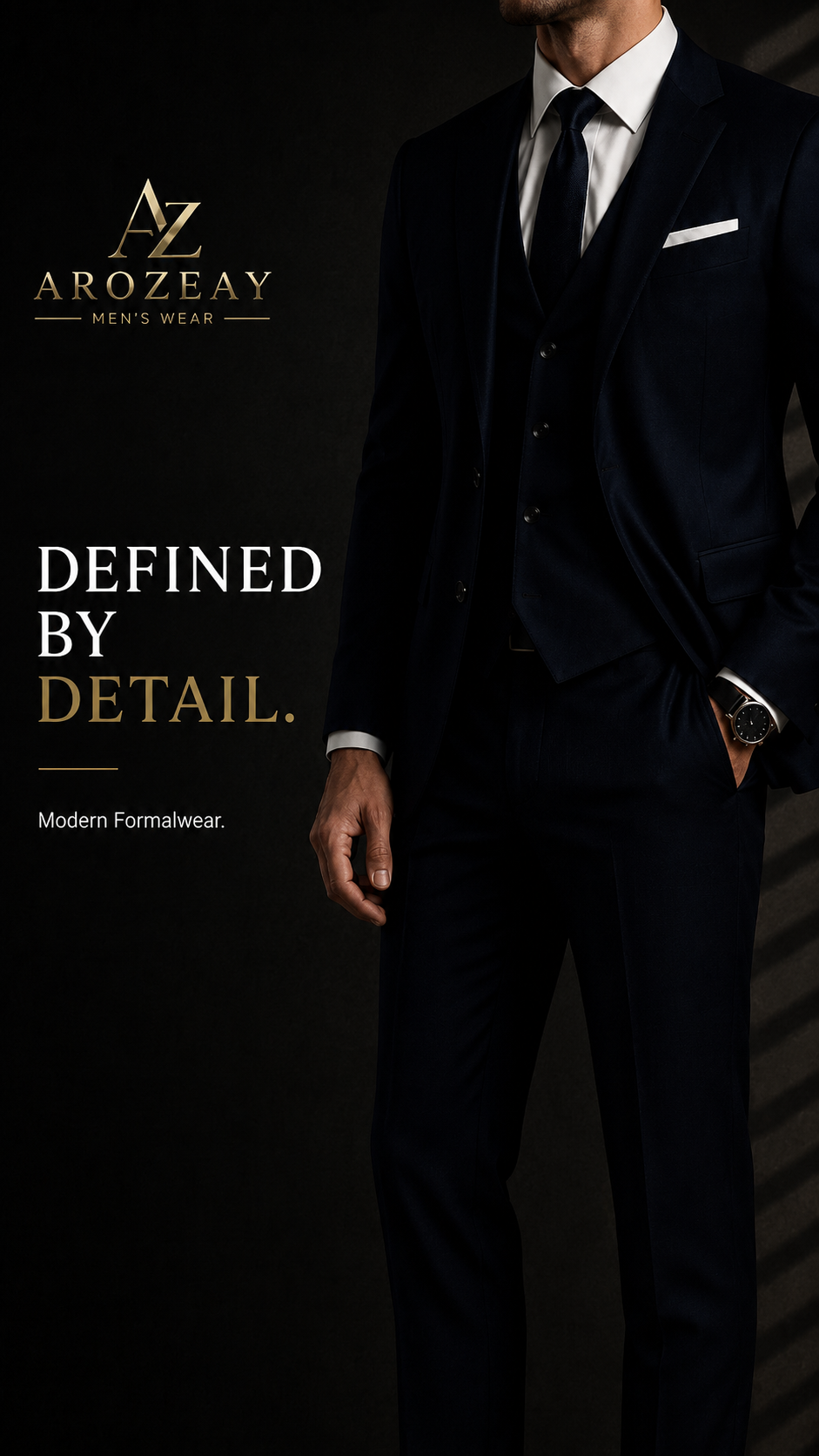 A man wearing a dark navy three-piece suit with a white dress shirt, dark tie, and white pocket square, shown against a dark background with promotional text for Arozeay Men's Wear.